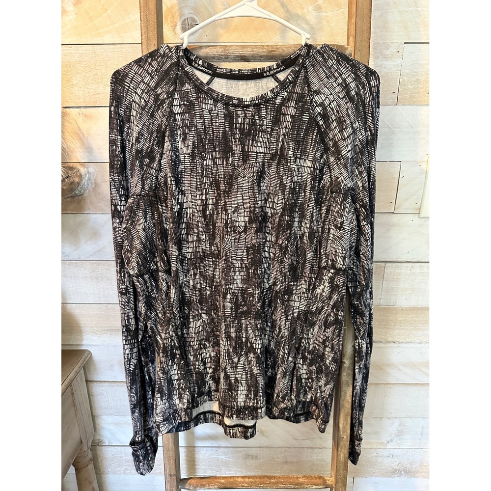 Lululemon Swiftly Tech Long Sleeve Shirt Black White Abstract Print Size 12